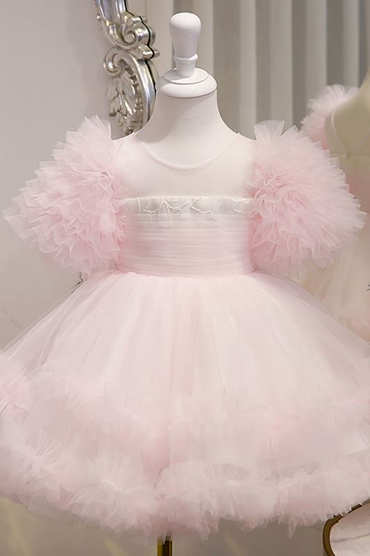 Princess Round Tea Length Tulle Flower Girl Dress in Pink