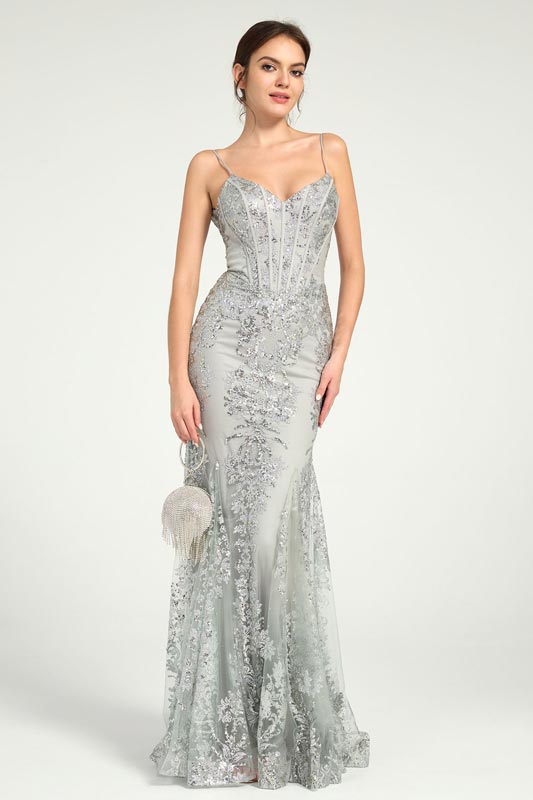Silver Long Prom Dress with Glittering Floral Embellishments