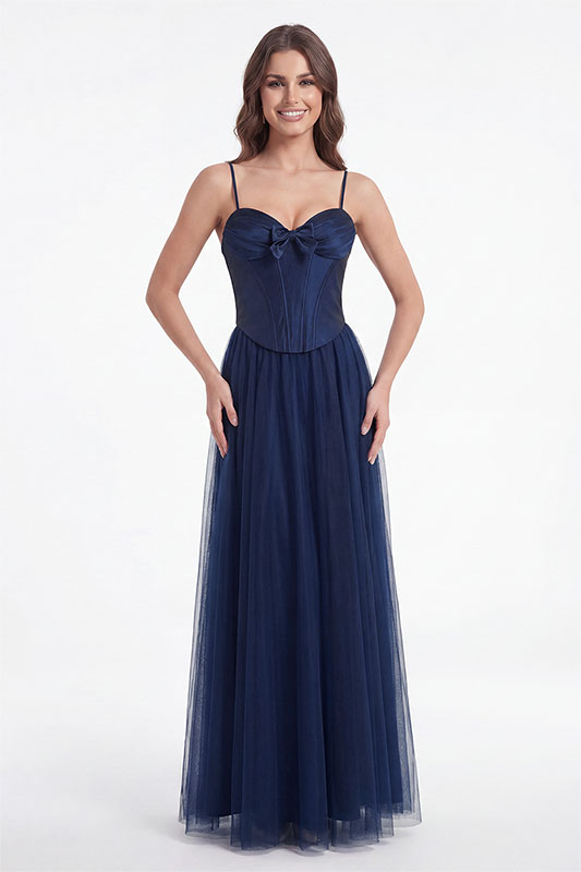 Navy Blue Sweetheart Bow Bust Corset Waist Tulle A Line Prom Dress