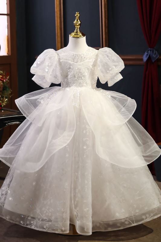 Принцесса Round Полная Длина Sequined Детские Платья Белый