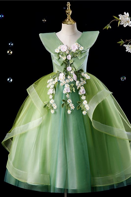 Princess V-Neck Floor Length Tulle Flower Girl Dress in Green
