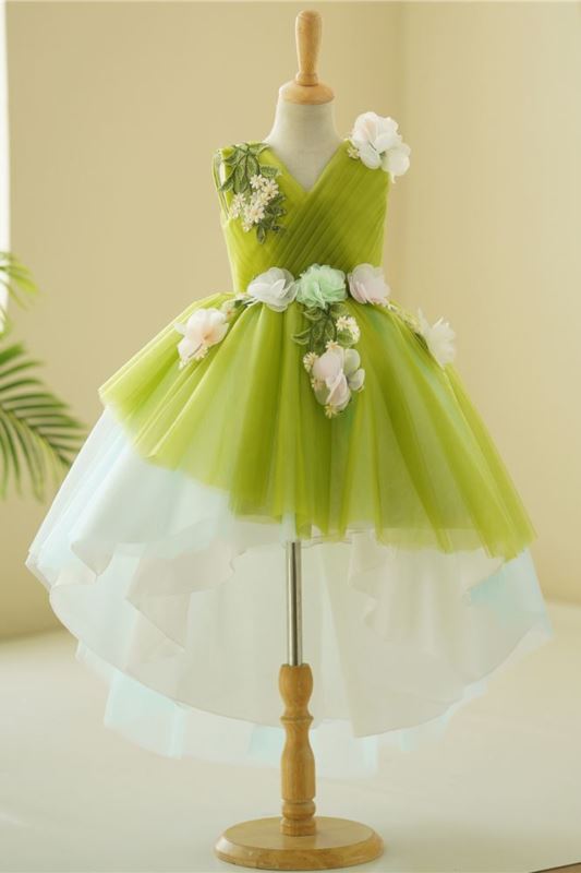 Princess V-Neck Floor Length Tulle Flower Girl Dress in Green