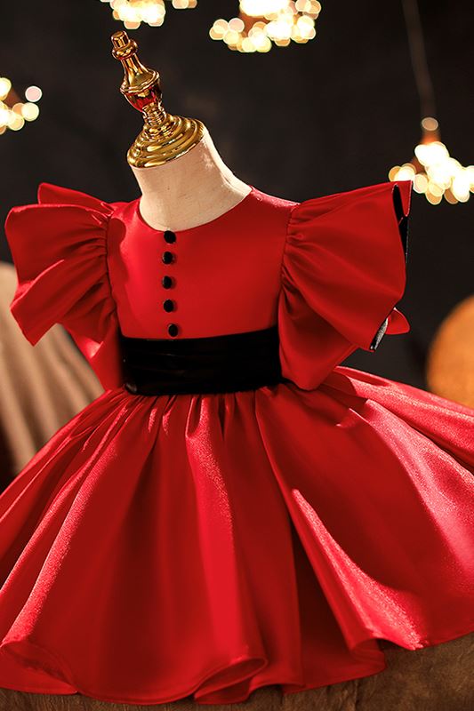 Princess Round Tea Length Satin Flower Girl Dress Red