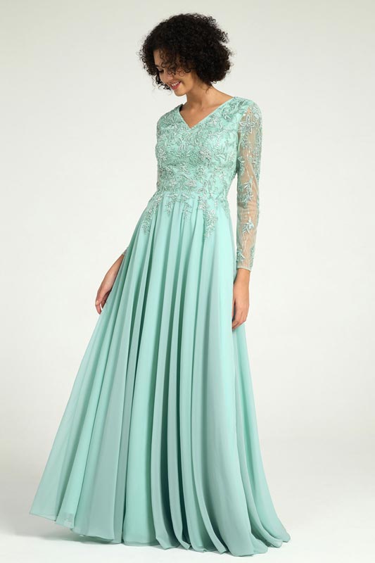 Mint Green Long Sleeve Mother of the Bride Dress with Beaded Lace
