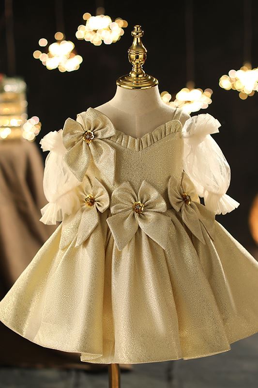 V-Neck Tea Length Satin Flower Girl Dress in Champagne