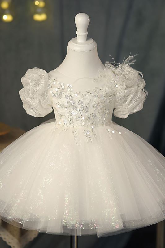 Princess Round Tulle Flower Girl Dress in White