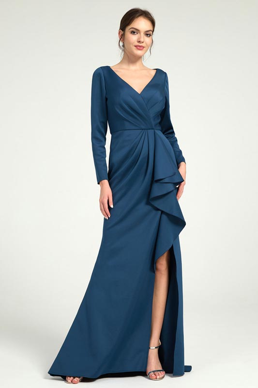 V-Neck Ruched Sheath Maxi Dress with Long Sleeve and Leg Slit