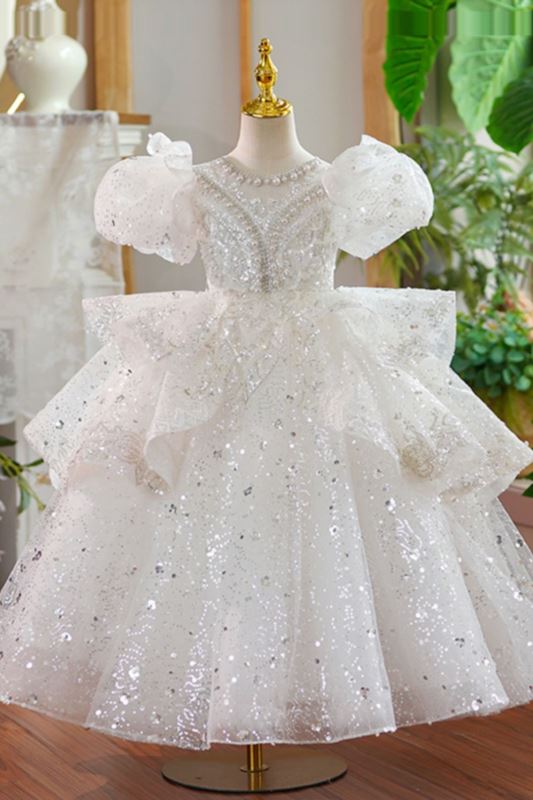 Princess Jewel Neck Floor Length Sequined Flower Girl Dress in White