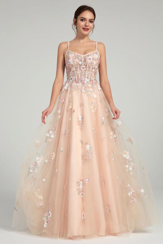 A-Line Ball Gown with Sheer Corset Bodice and Sequin Flowers