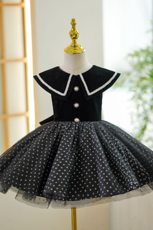 Princess Collared Neck Tea Length Velvet Flower Girl Dress in Black