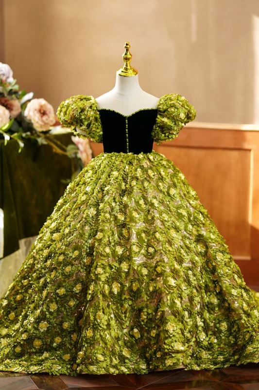Prinzessin Herz Ausschnitt Bodenlang Spitze Blumenmädchenkleider Grün