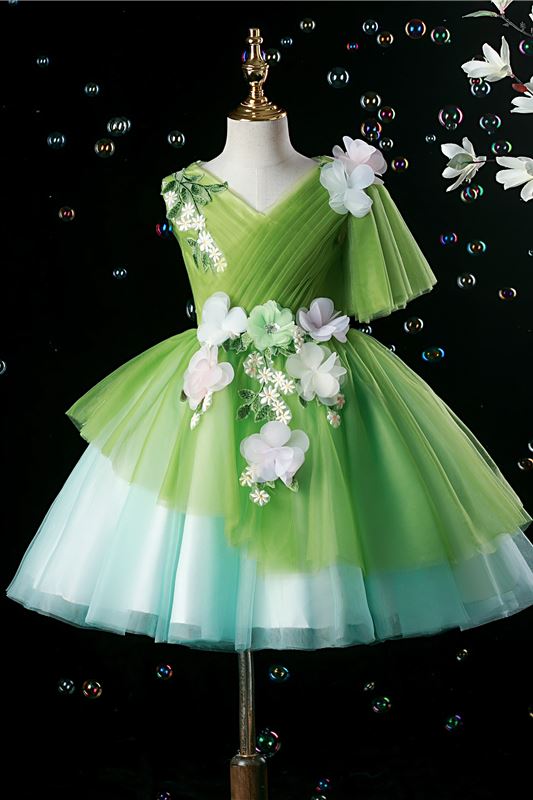 Princess V-Neck Tea Length Tulle Flower Girl Dress in Green