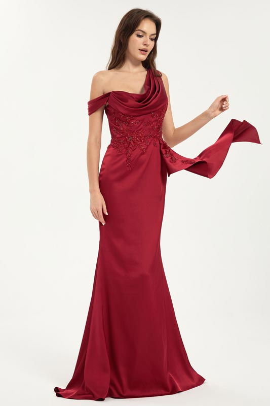 Embroidered One Shoulder Sweep Train Satin Mermaid Maxi Dress
