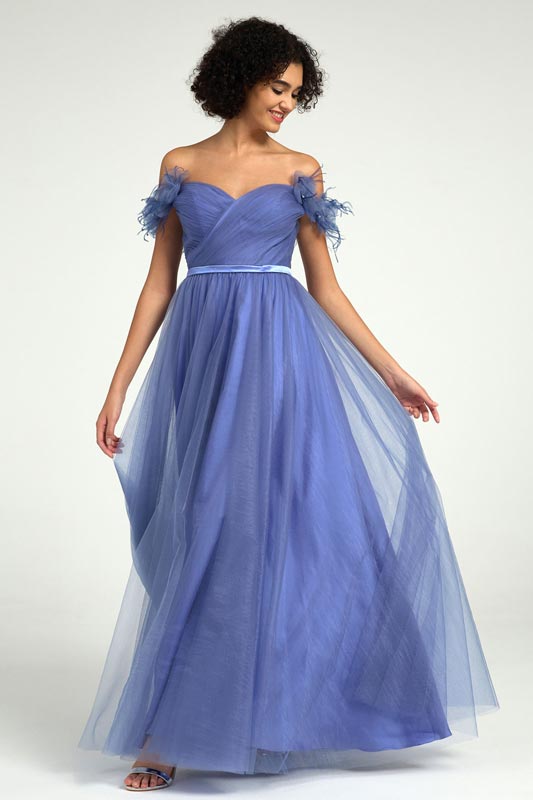 Off-Shoulder Tulle A-Line Gown with 3D Floral & Feather Accents
